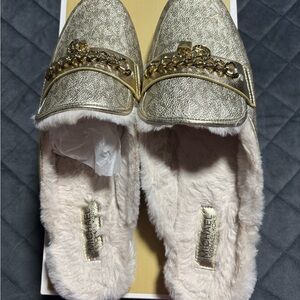 MICHAEL Michael Kors Metallic Gold Faux-Fur Chain-Accent Mules